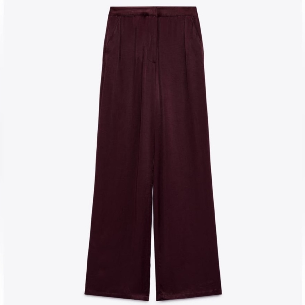ZARA Satin Burgundy Wide-Leg Pants